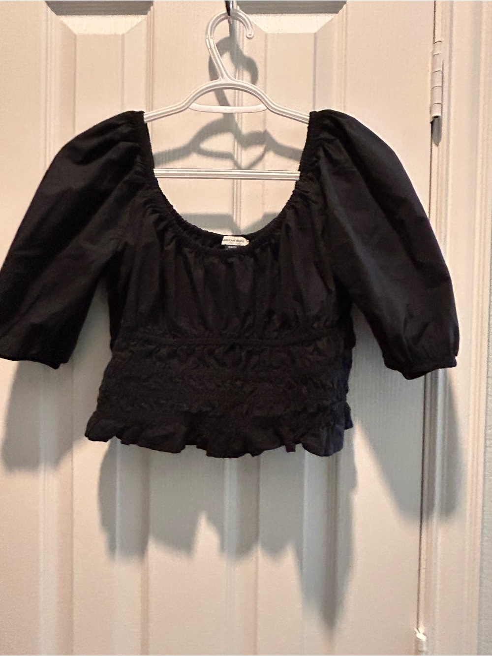 American Eagle Outfitters Black Puff Sleeve Smocked Peplum Blouse